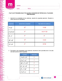 Multiplicación y división de potencias utilizando propiedades (Pauta)