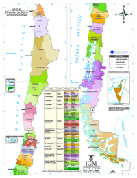 Mapa con la división política de Chile a color