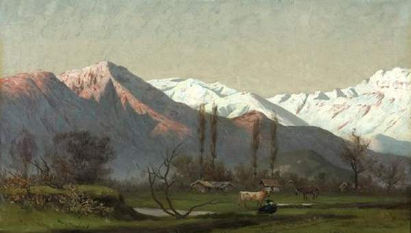 Paisaje de Cordillera con vacunos de Pedro Lira